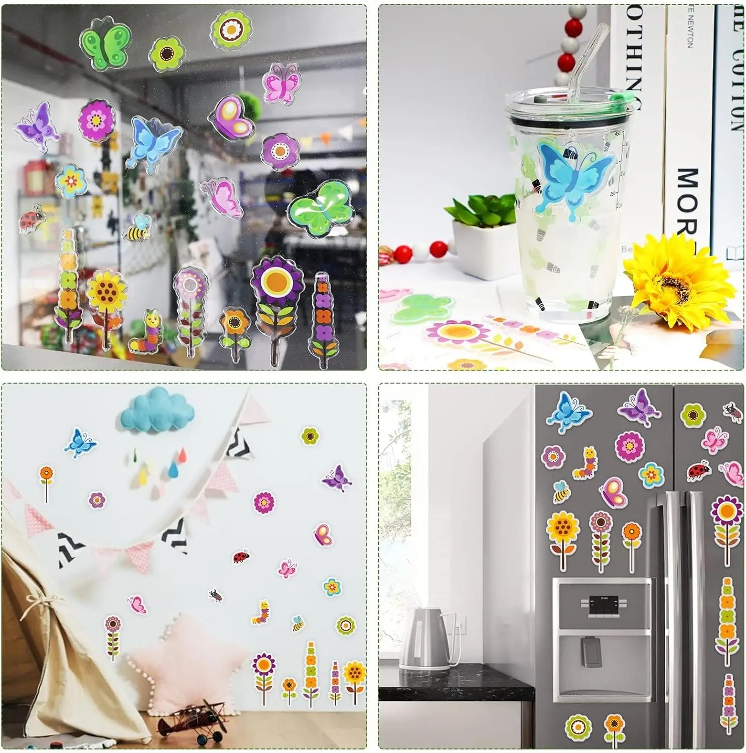 Spring Gel Clings Butterfly Flowers Window Decals Stickers Kids Toddlers Home Airplane Classroom Nursery Summer Party Decoration Oasis Select