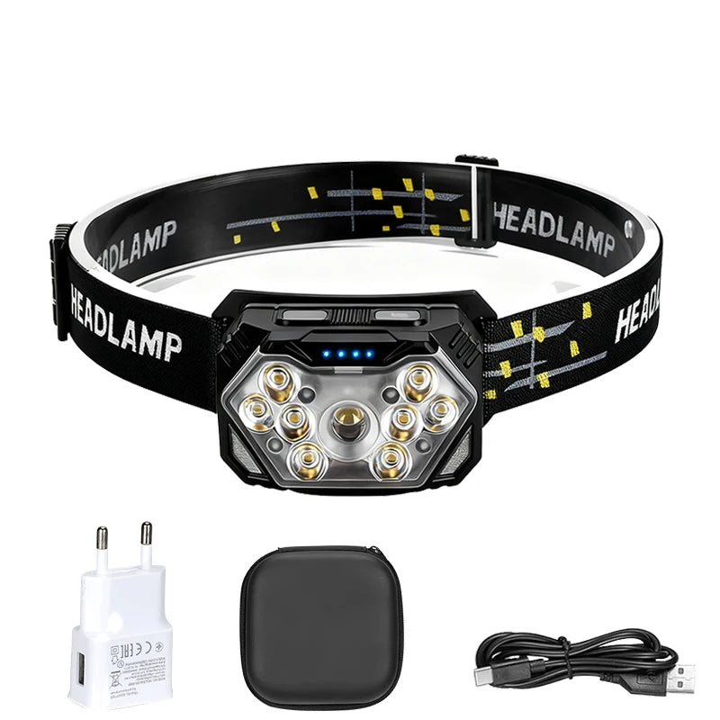 9 LED USB-C Rechargeable Headlamp | Motion Sensor & 6 Modes