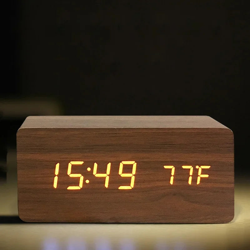 Wood-grain Electronic Desktop Clock Alarm Clock Living Room Retro Digital Log Smart Desk Clock Oasis Select F Charging