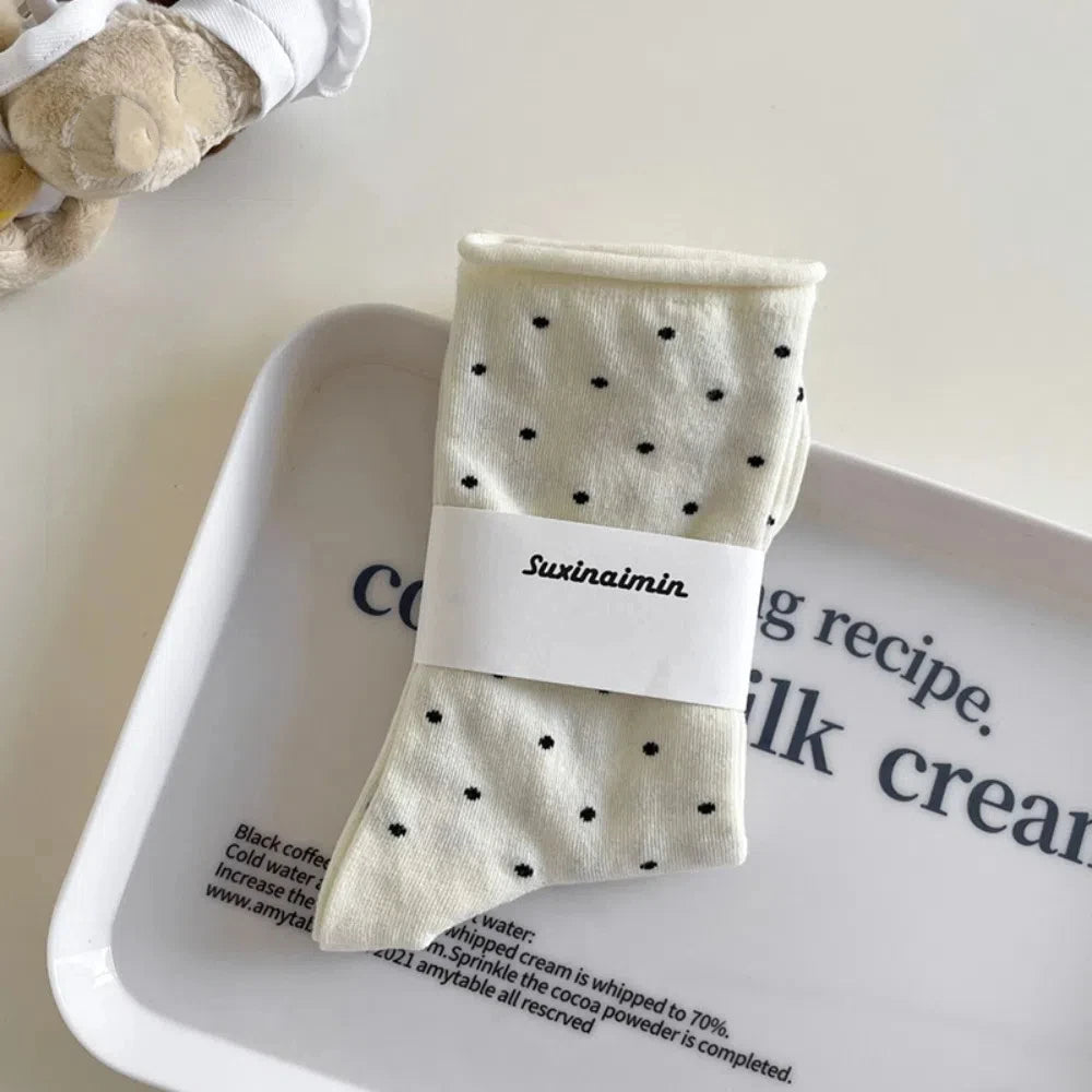 Comfortable Curled-edge Polka Dot Socks Thin Breathable Mid-Tube Socks Sweat Absorbent Women's Socks Summer Oasis Select Beige One Size