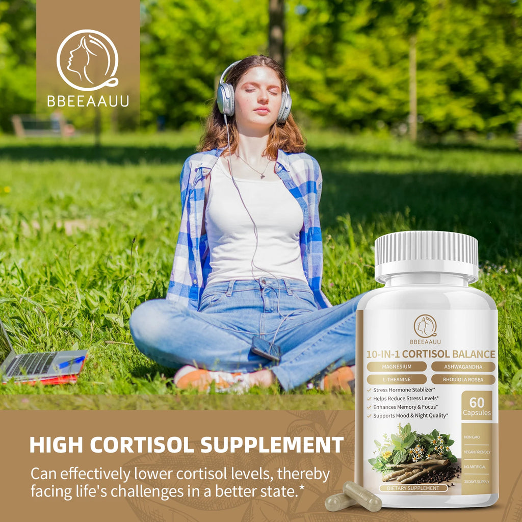BBEEAAUU Men's&Women's Cortisol Supplements Management Agent Detox Low High Cortisol Levels,Relaxation&Nighttime Support,Non GMO Oasis Select