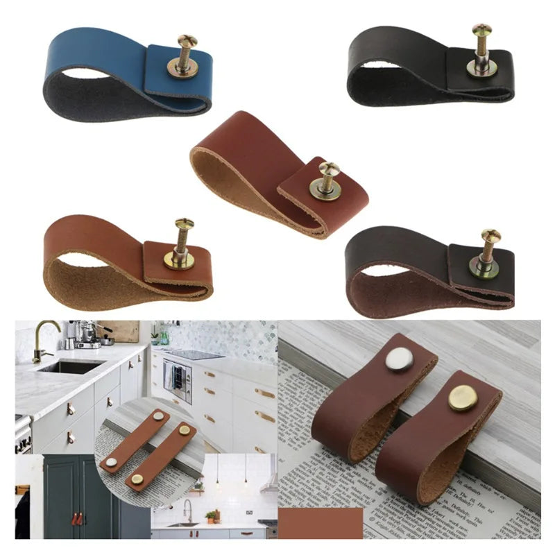 Cowhide Leather Cabinet Handles for Kids Room Kitchen Drawer Knobs Door Hardware Modern Minimalist Furniture Accessories