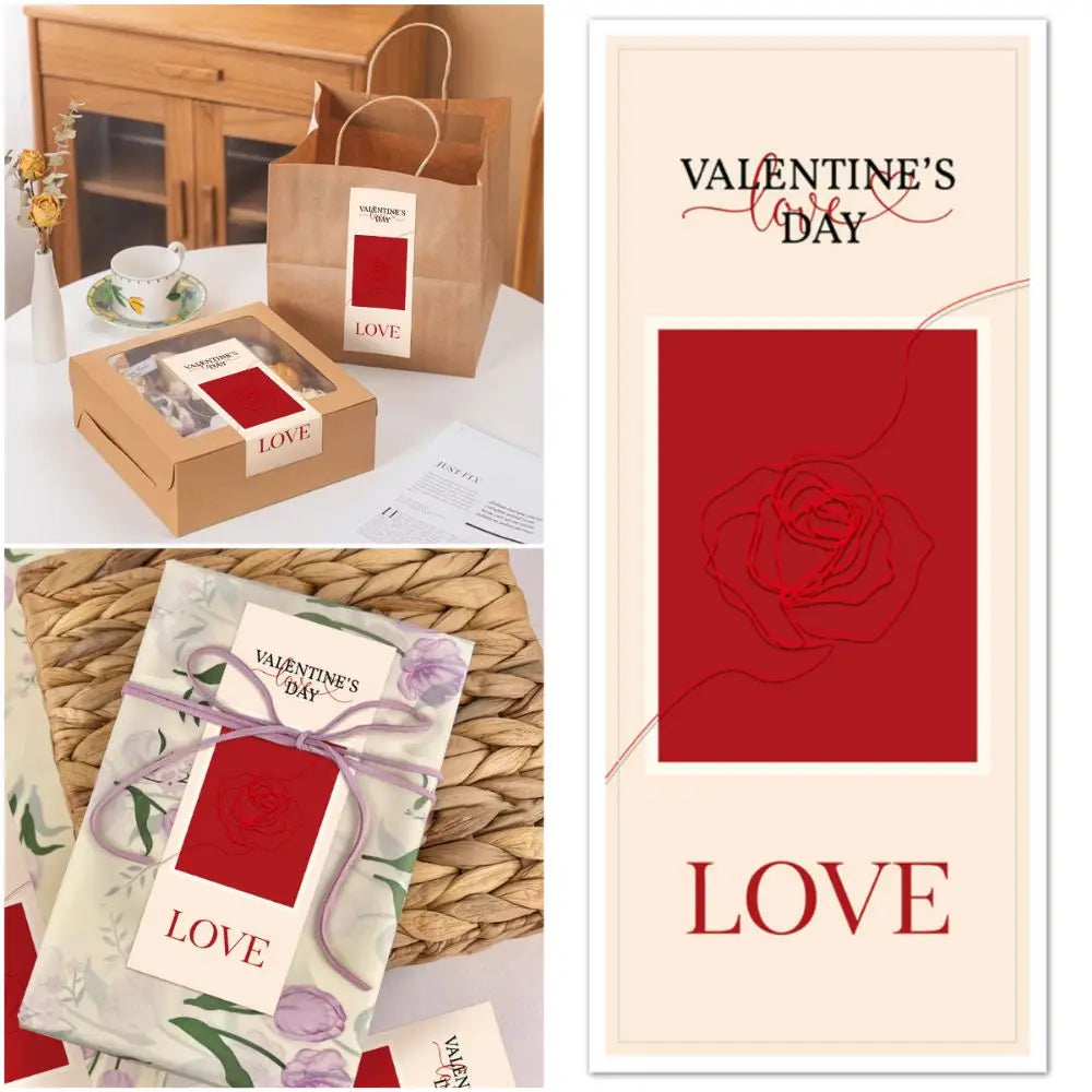 50PCS Red Happy Valentine's Day Stickers Self Adhesive Emboss Rose Flower Wrapping Sealing Label Rectangle Packing Ornament Oasis Select