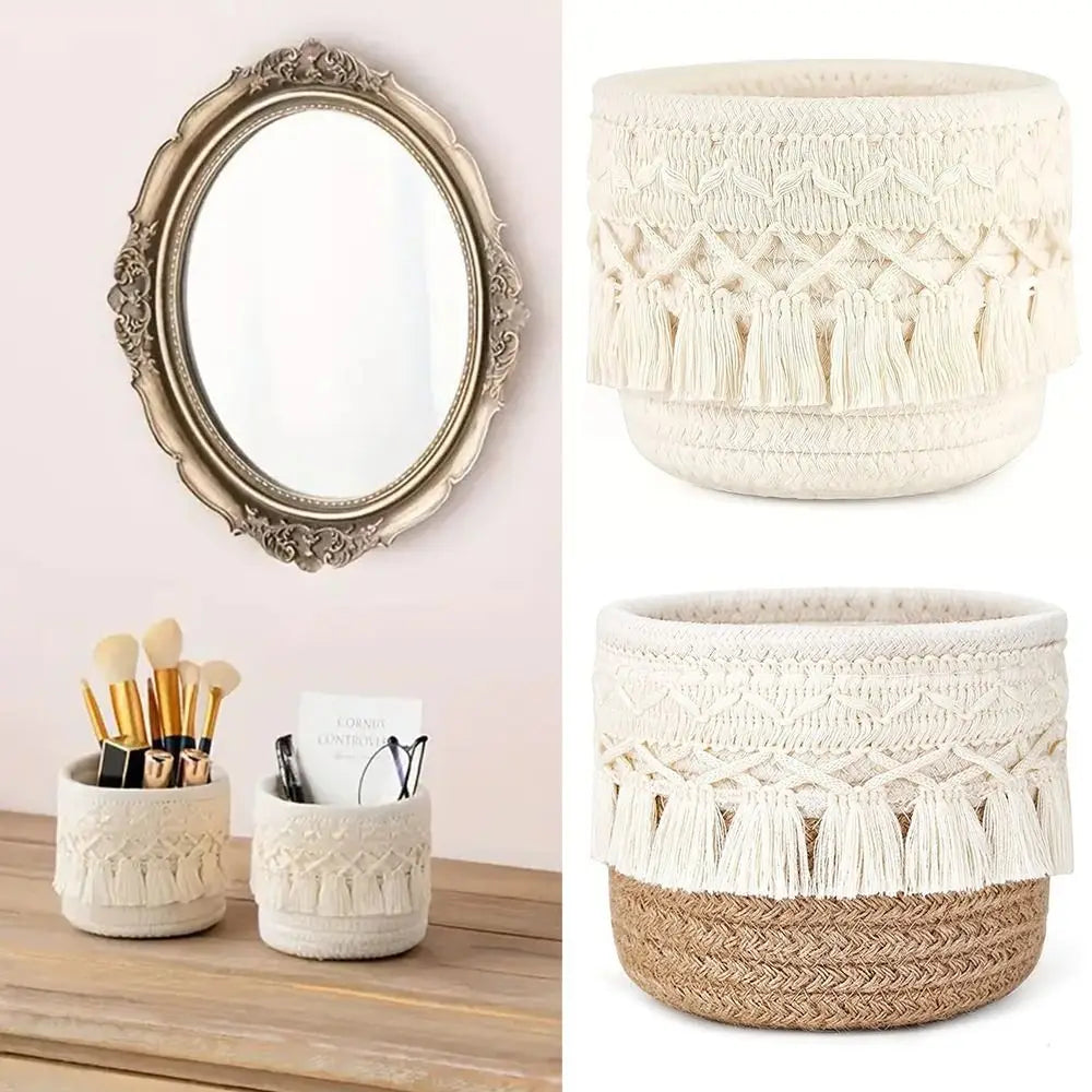 Cotton Rope Tassel Desktop Storage Basket | Boho Organizer