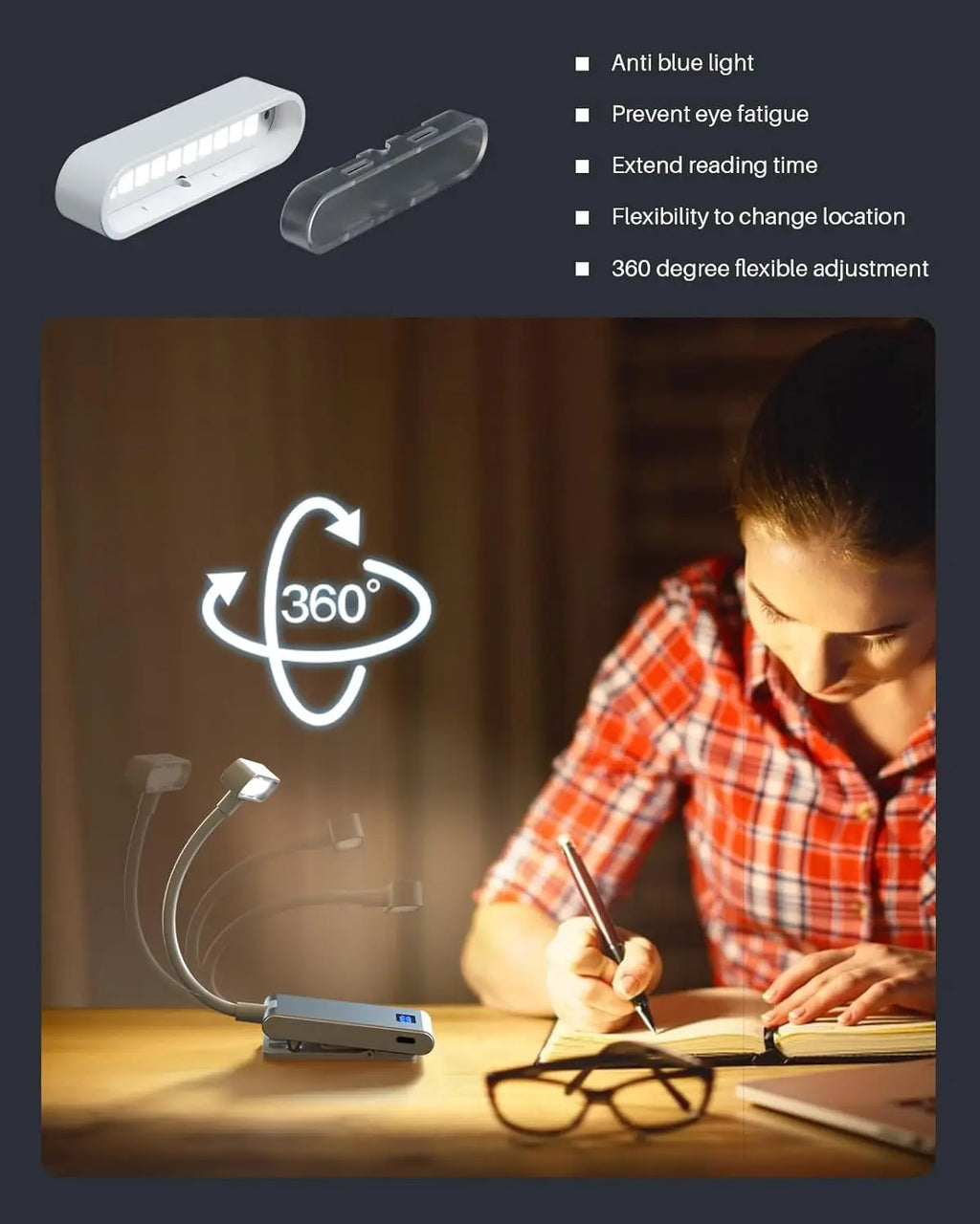 Aluminum Rechargeable Reading Light 3 colors 3 brightness Clip On Mini Book Light Small Read Night Lamp Study Reading Book Lamp Oasis Select