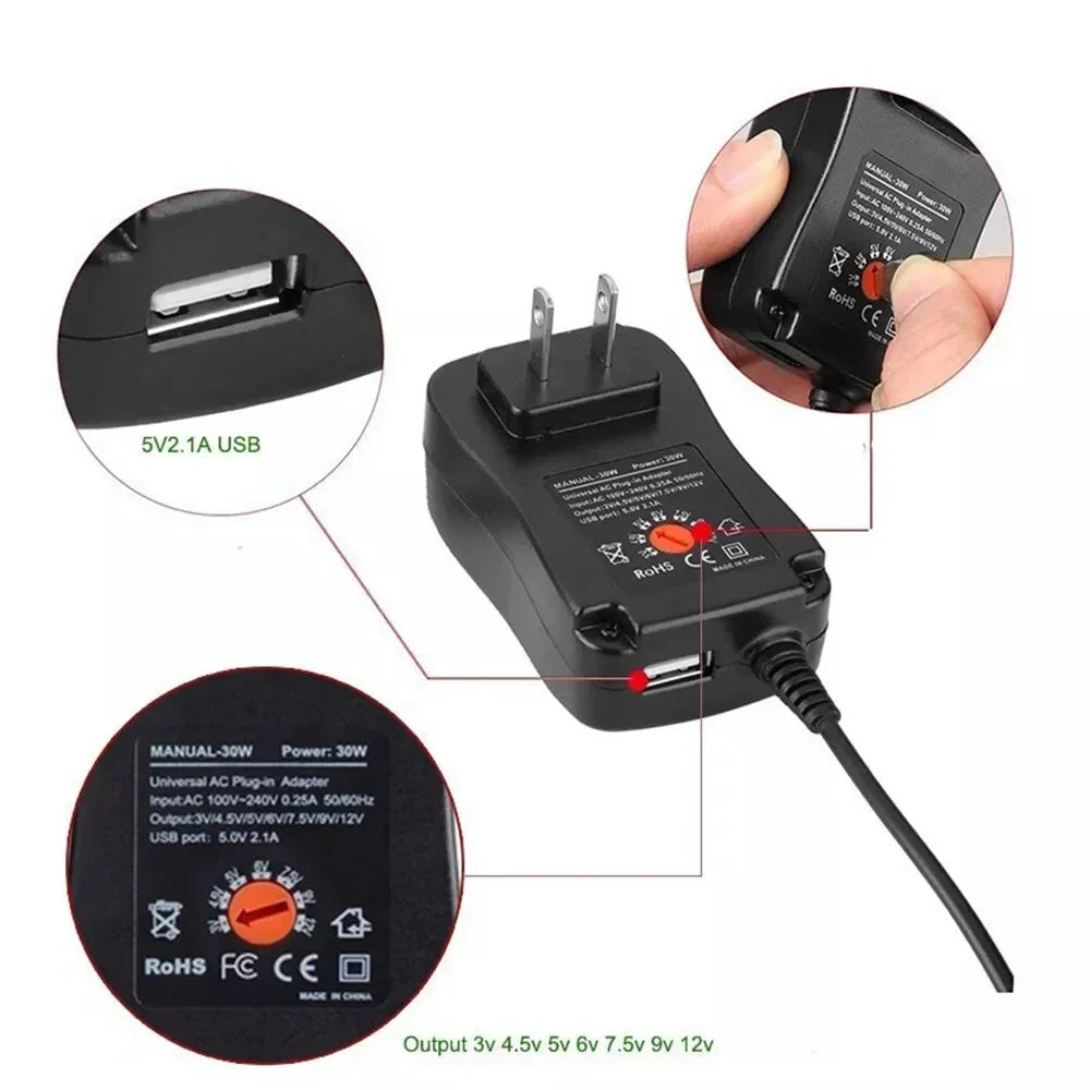 30W Adapter 3V 4.5V 5V 6V 7.5V 9V 12V Adjustable Voltage Power Adapters EU/US USB Universal Charger Supply Converter With 8 Tip Oasis Select