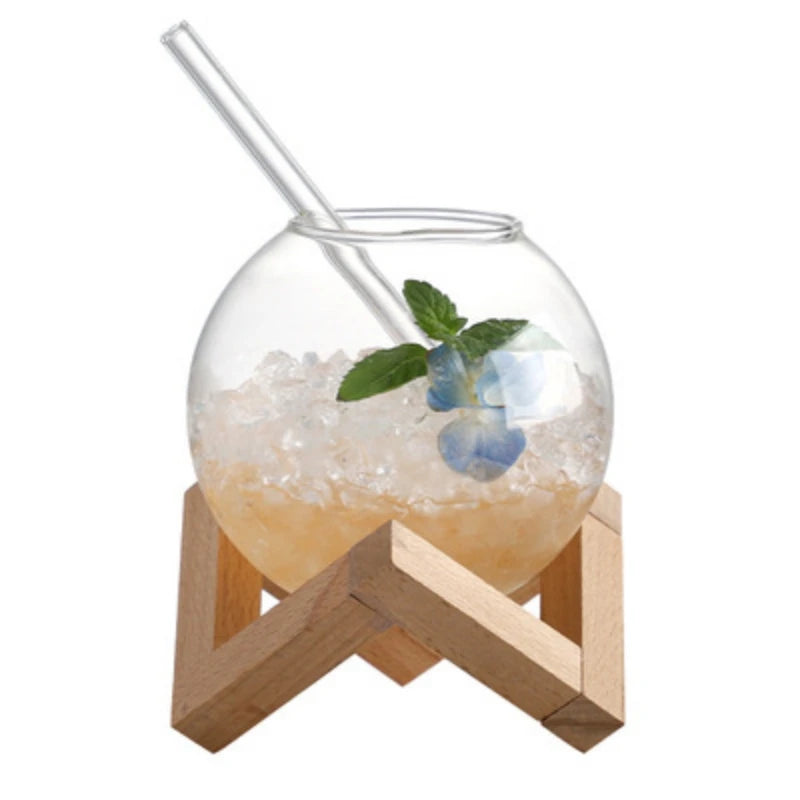 Creative Spherical Glass Cup with Wood Stand Straw Wine Cocktail Coffee Glass Cup Transparent Moon Ball Cold Drinking Juice Cups Oasis Select 1Set 401-500ml