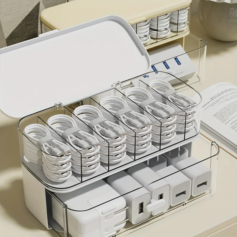 Clear Cable Organizer Box With Lid Desktop Cord Storage For Chargers Office Desk Tidy Holder Produce Fridge Container Basket Oasis Select