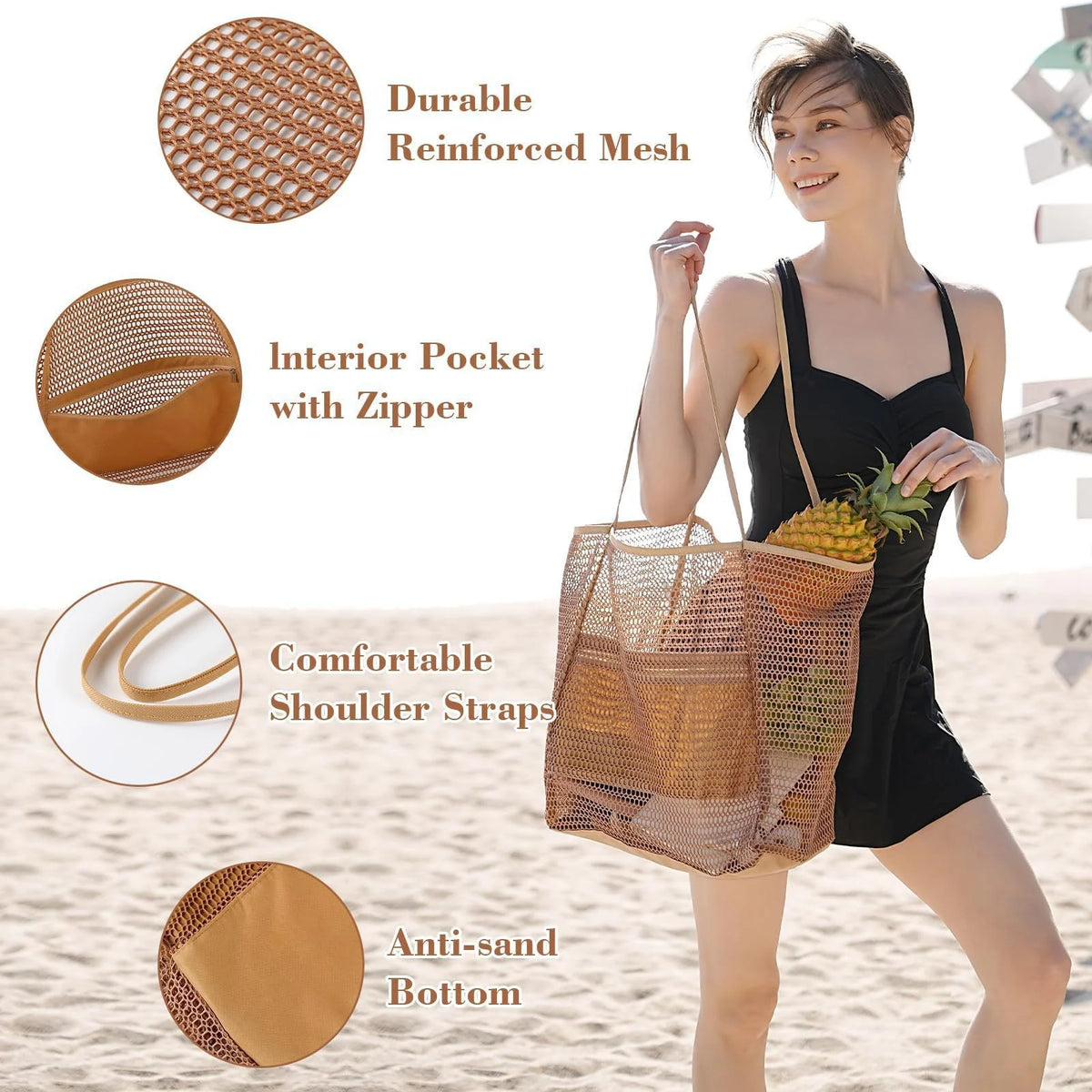 Women's Large Capacity Beach Tote Bag - Durable Polyester Woven Shoulder Bag with Open Top for Travel, Shopping Oasis Select