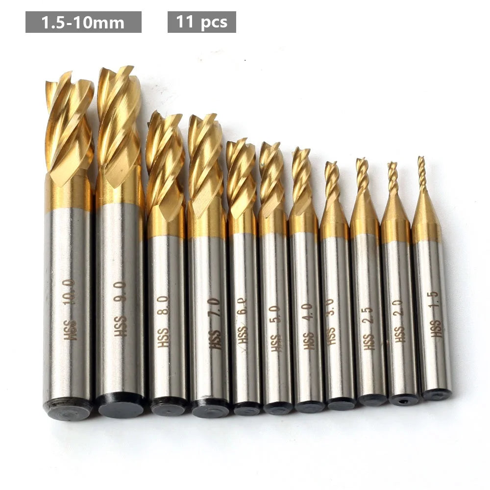 SLADE 4-Flute HSS Titanium End Mill Set 7–11 Pcs | 1.5–10mm CNC CNC End Mill Set Oasis Select