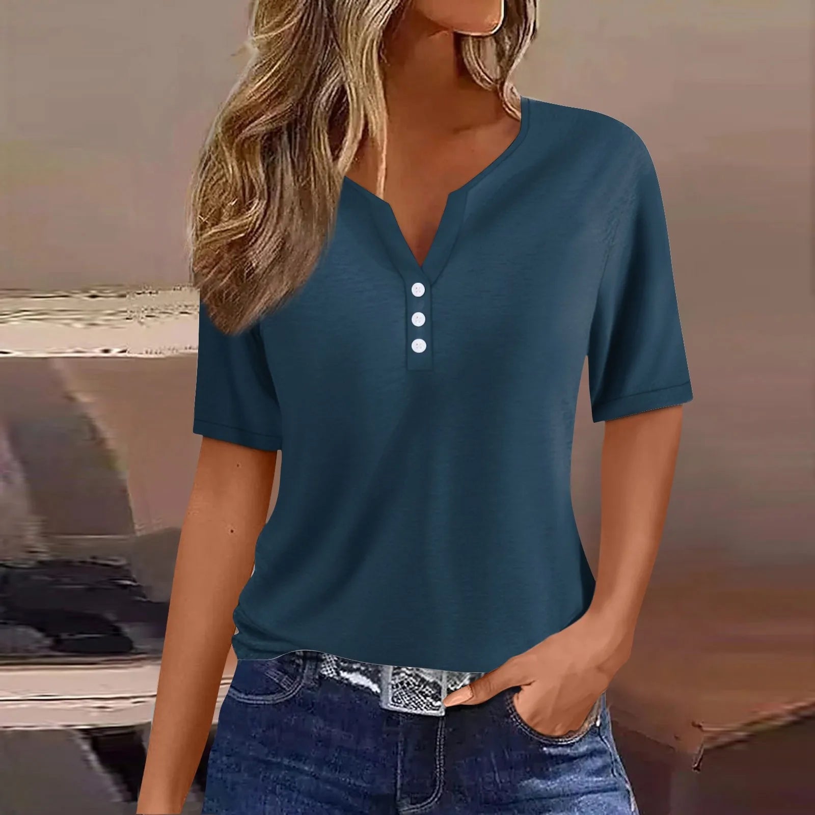 Women Summer Trendy Simple Casual Fashion Button T Shirt V Neck Short Sleeve Solid Loose Pullover Tops Plus Size Ropa De Mujer Oasis Select Navy S