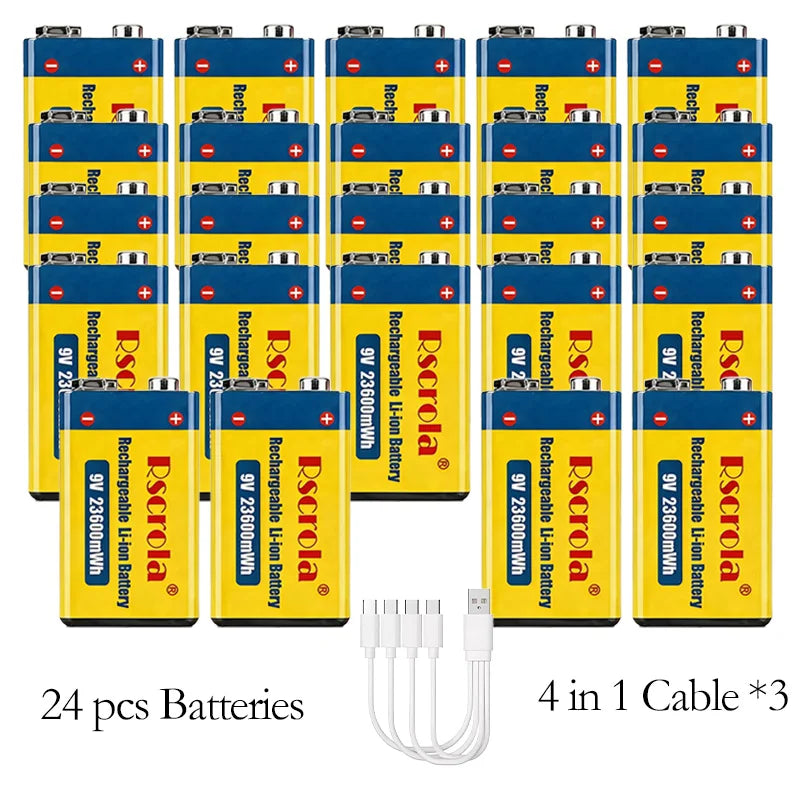 Long-Lasting 9V Lithium ion Rechargeable Battery 23600mWh High Capacity for Guitar Microphone Smoke Detector Pedal with Cable Oasis Select 24 PCS Batteries