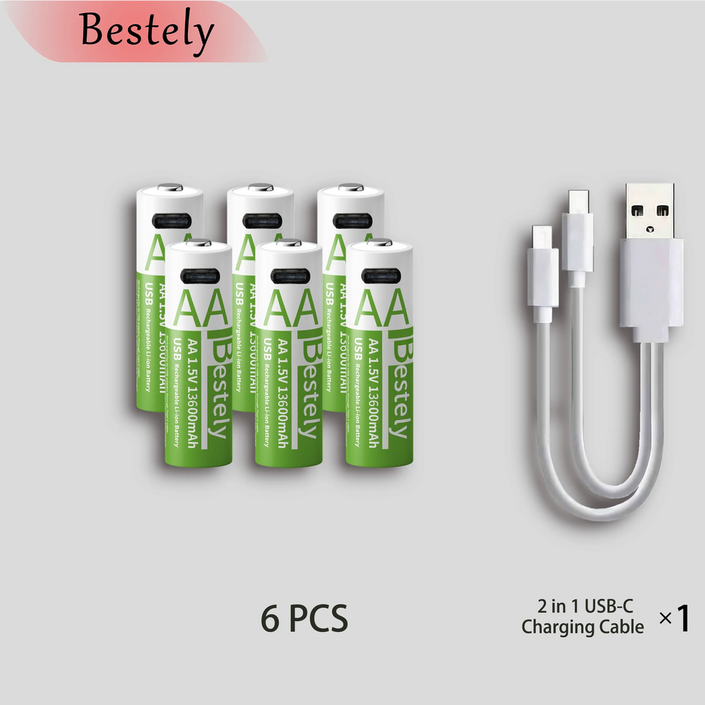 Bestely 1.5V 13600mAh USB AA Li-ion Rechargeable Battery, Fast Charging , 2000 Cycle for Xbox Controller Toys Camera Flash Oasis Select 6 pcs batteries