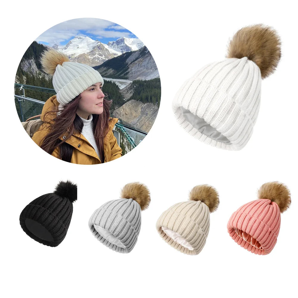 Adult soft knitted hat with no brim, reverse mouth hat, satin lining, wool ball hat, warm knitted hat without label Oasis Select