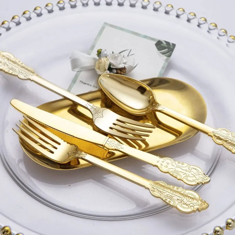 Golden 90pcs Embossed Vintage Plastic Cutlery Set, Dual-Use Knife Fork Spoon Utensils Disposable Cutlery Used for Parties Oasis Select
