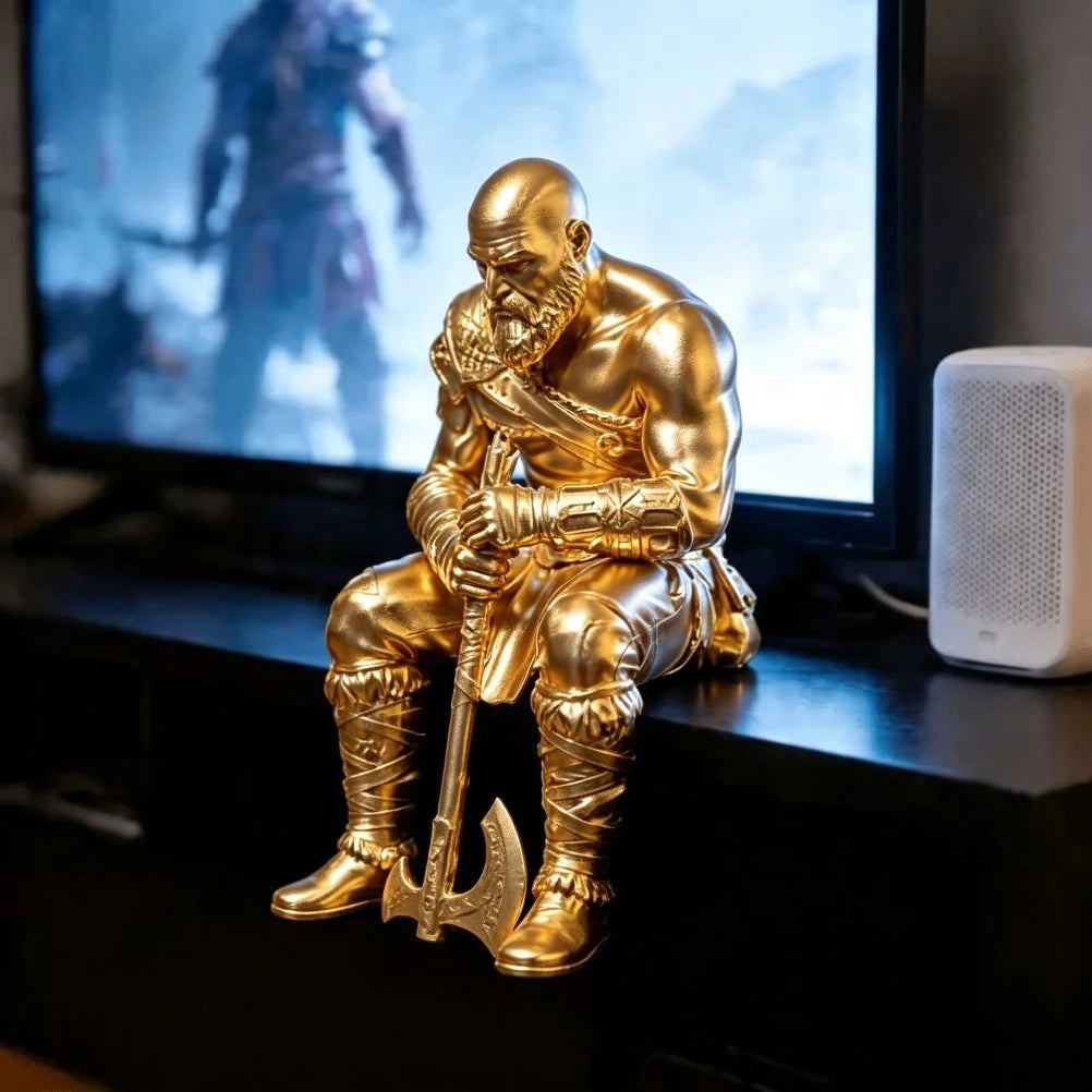 Nordic Warrior Sitting Figurine 3D Printed Muscular Bearded Statue Melancholic Style Sculpture Gothic Art Decor for Home Desktop Oasis Select gold