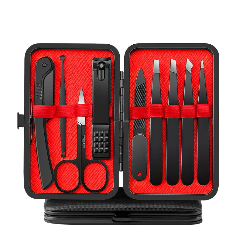 9-Pc Stainless Steel Tweezers & Nail Scissors Kit | Leather Case