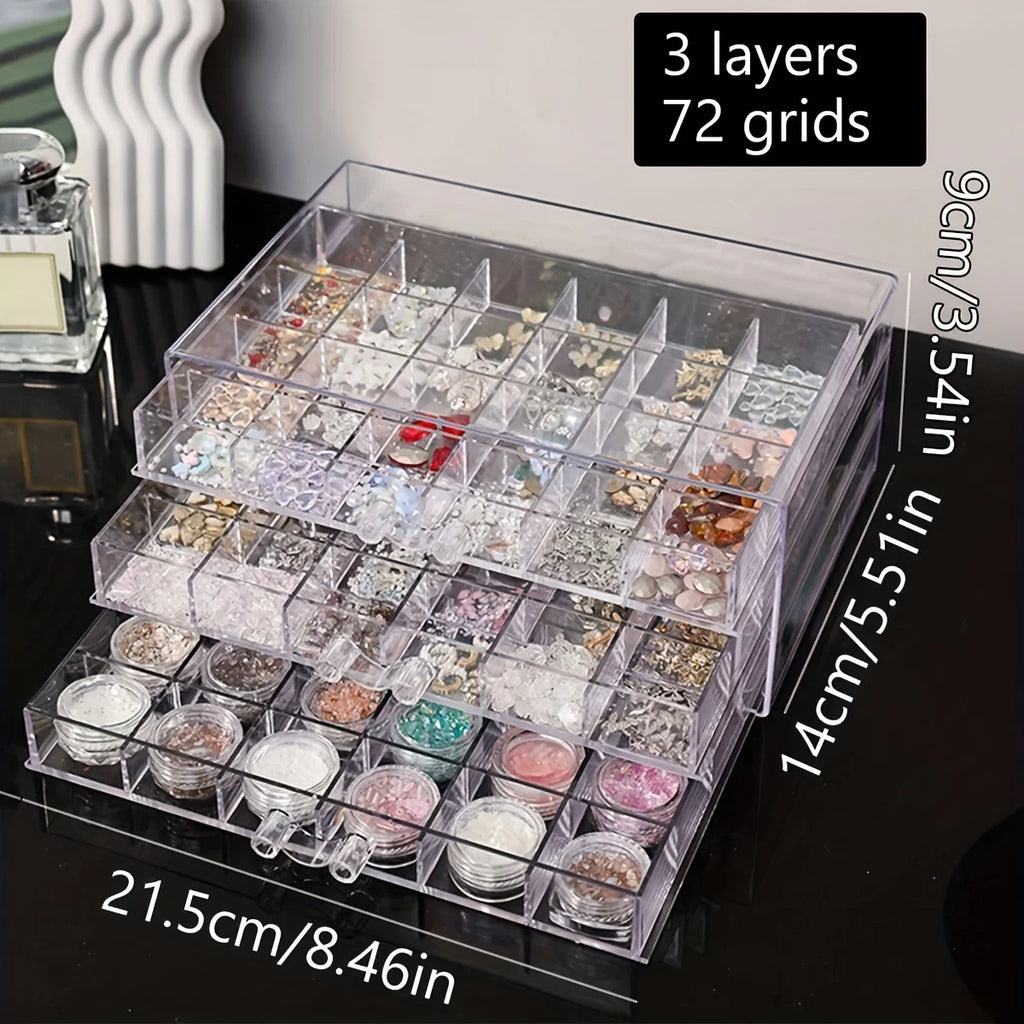 1pc drawer style acrylic multifunctional nail diamond decoration storage box desktop jewelry bead stackable organizer Oasis Select 3layers-72grids