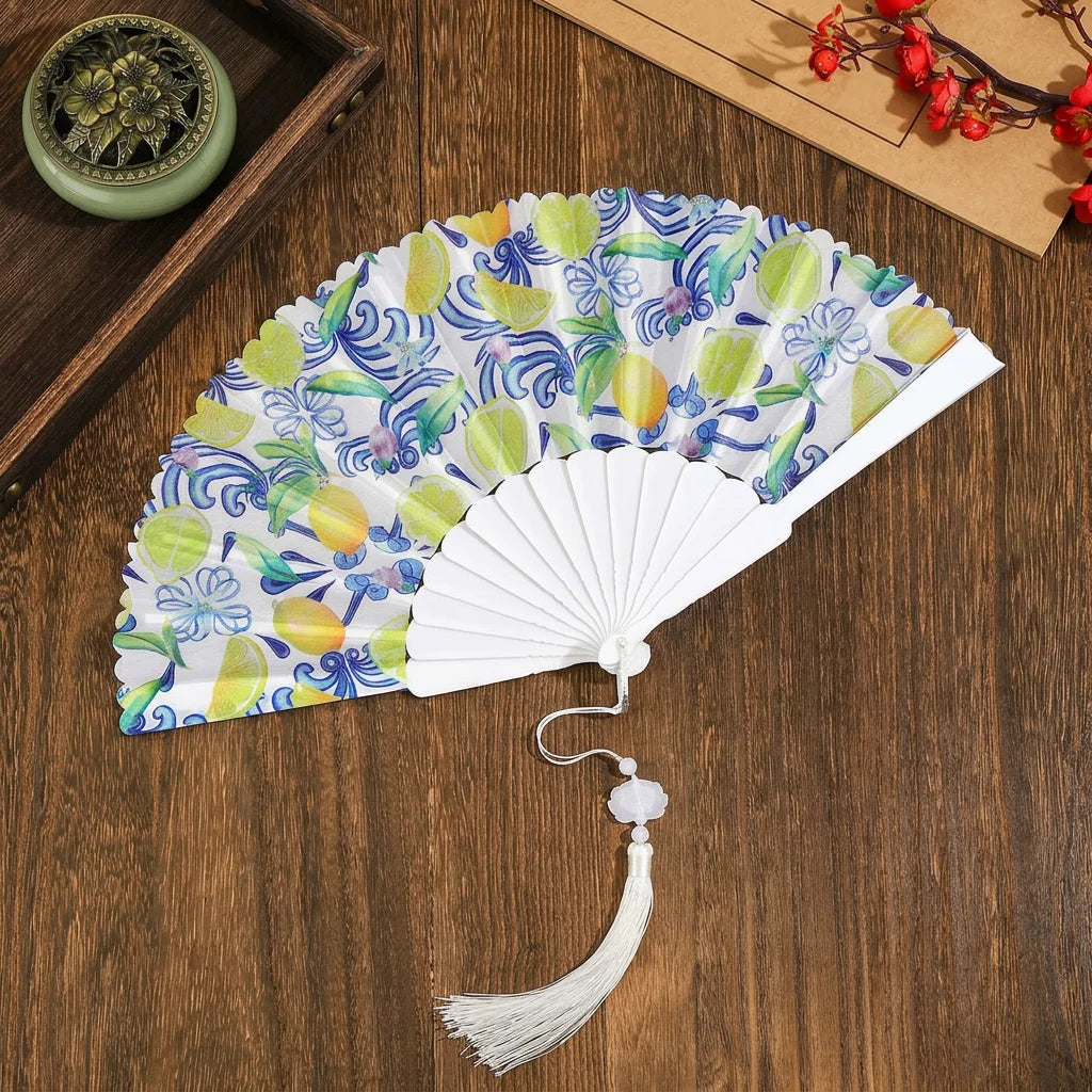 Portable Fruit Pattern Folding Hand Fan Plastic Frame Fabric Fan With Tassel Summer Cooling Fans Dance Performance Home Decor Oasis Select 9