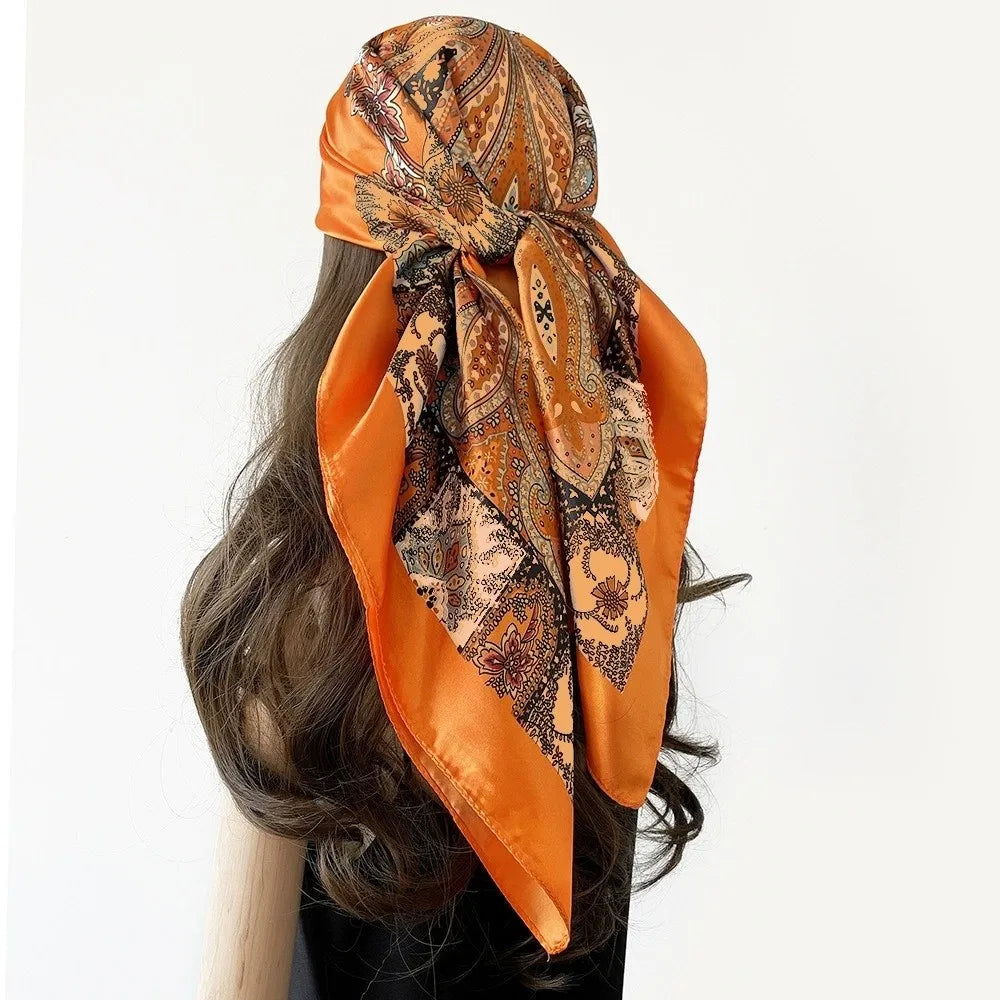 Luxury 90*90cm Satin Square Scarf Bohemian Hair Accessories Print Silk Headkerchief Floral Shawl Wraps Headband Wedding Oasis Select H