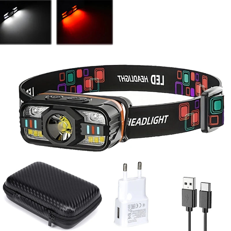 6 Modes LED Headlight Handfress Motion Sensor Powerful Headlamp Head Lamp COB Flashlight Torch Head Light For Camping, Fishing Oasis Select Set A