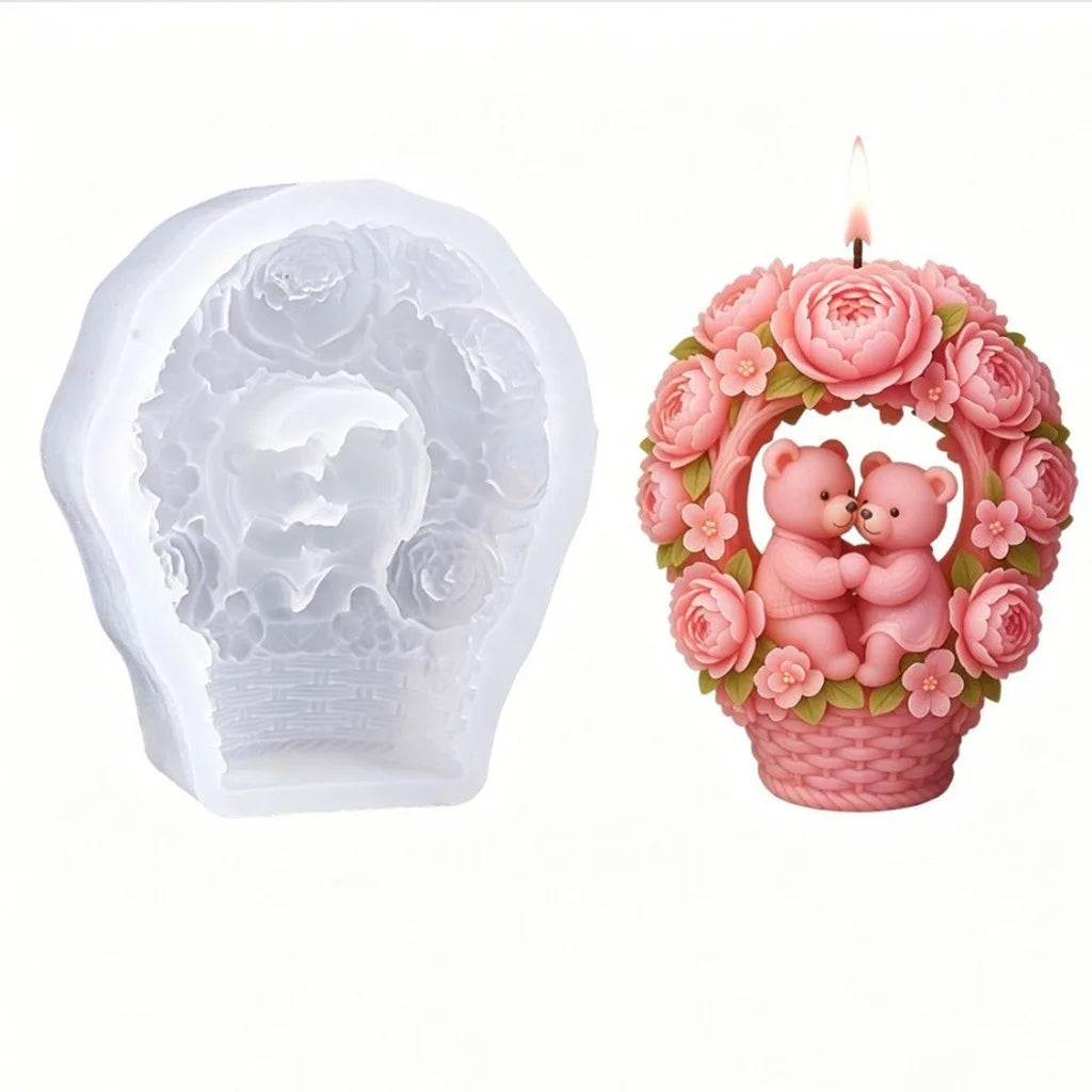 3D Hugging Bears Flower Basket Silicone Mold | Candle & Soap DIY
