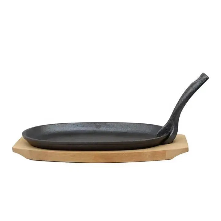 Cast Iron Skillet with Wooden Tray and Metal Spatula, for Grilled Fish and Grilling, Kitchen Essentials Oval Steak Pan Oasis Select Iron Plate Set