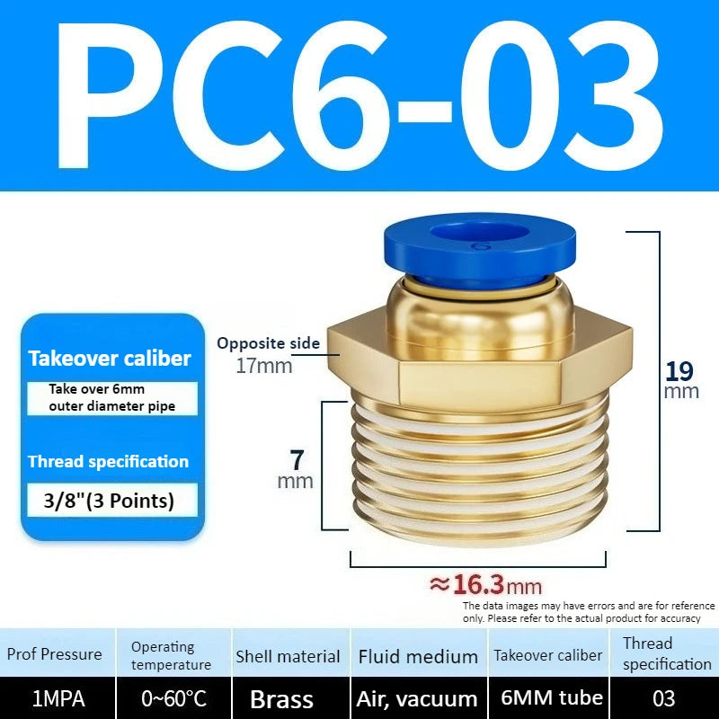 Copper Pneumatic Quick Plug Quick Connector 1/4 "1/8" 3/8 1/2 Thread PC 4mm 6mm 8mm Straight Hose Connector Pipe Oasis Select PC6-03 Blue
