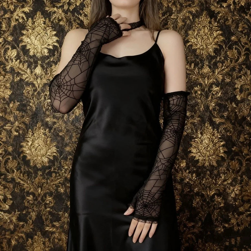 Fashion Spider Web Lace Fingerless Gloves Half Finger Mesh Mittens Lace Long Arm Sleeves Ruched False Cuffs Cosplay Party Oasis Select