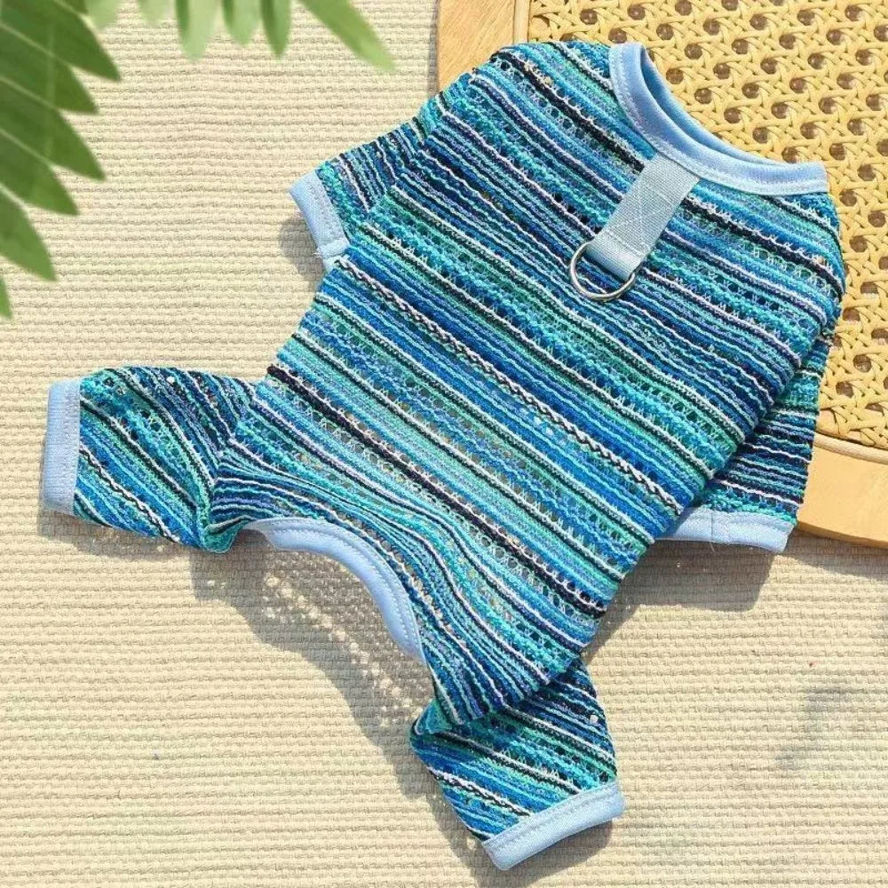 Colorful Stripes Dog Sun Protection Clothes Breathable Mesh Thin Dog Cooling Jumpsuit Soft Fabric With D-Ring Pet Clothes Oasis Select Blue XS