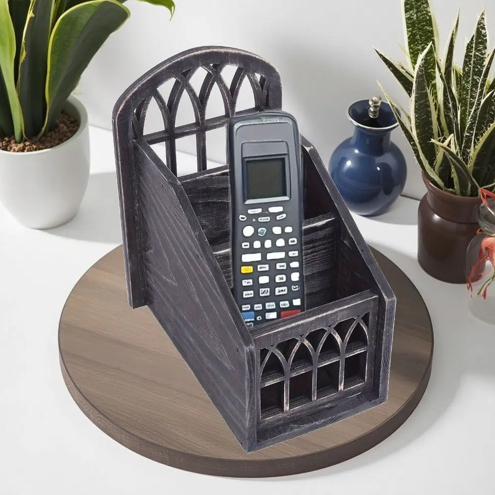 3-Grid Wooden Remote Control Holder | Vintage Desktop Organizer