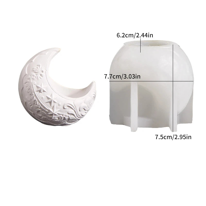 Embossed Moon Candle Holder Mold Star Half Moon Candle Cup Wave Moon Plaster Flower Pot Container Silicone Mold Oasis Select White