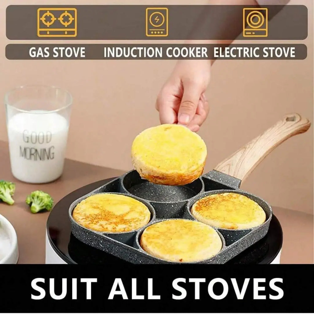 Frying pan, non-stick ham pancake maker, egg burger pan, with wooden handle, 4-hole, suitable for induction cooktops and gas sto Oasis Select