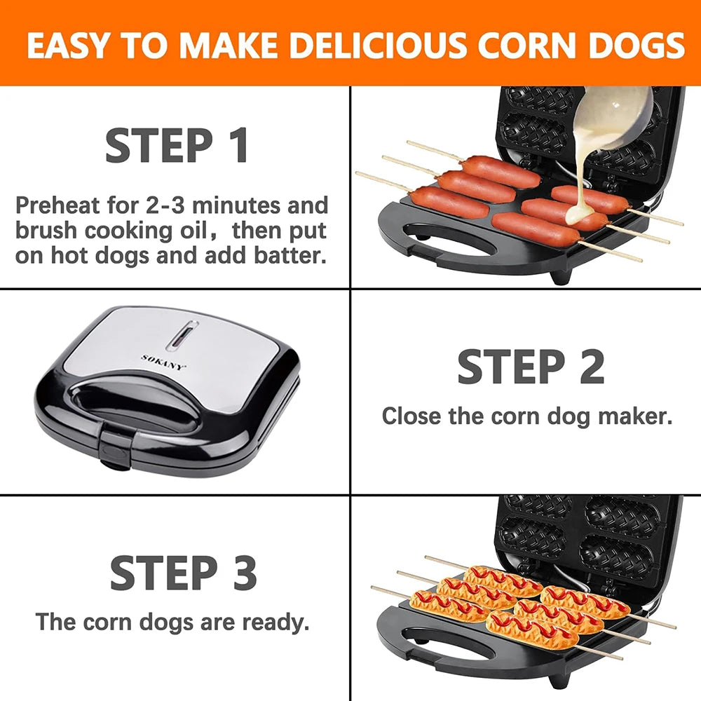 Electric Hot Dog Machine Waffle Maker 6 Corn Dogs Non-Stick Double-sided Heating Sausage Roll Maker Breakfast for Kid Party 220V Oasis Select