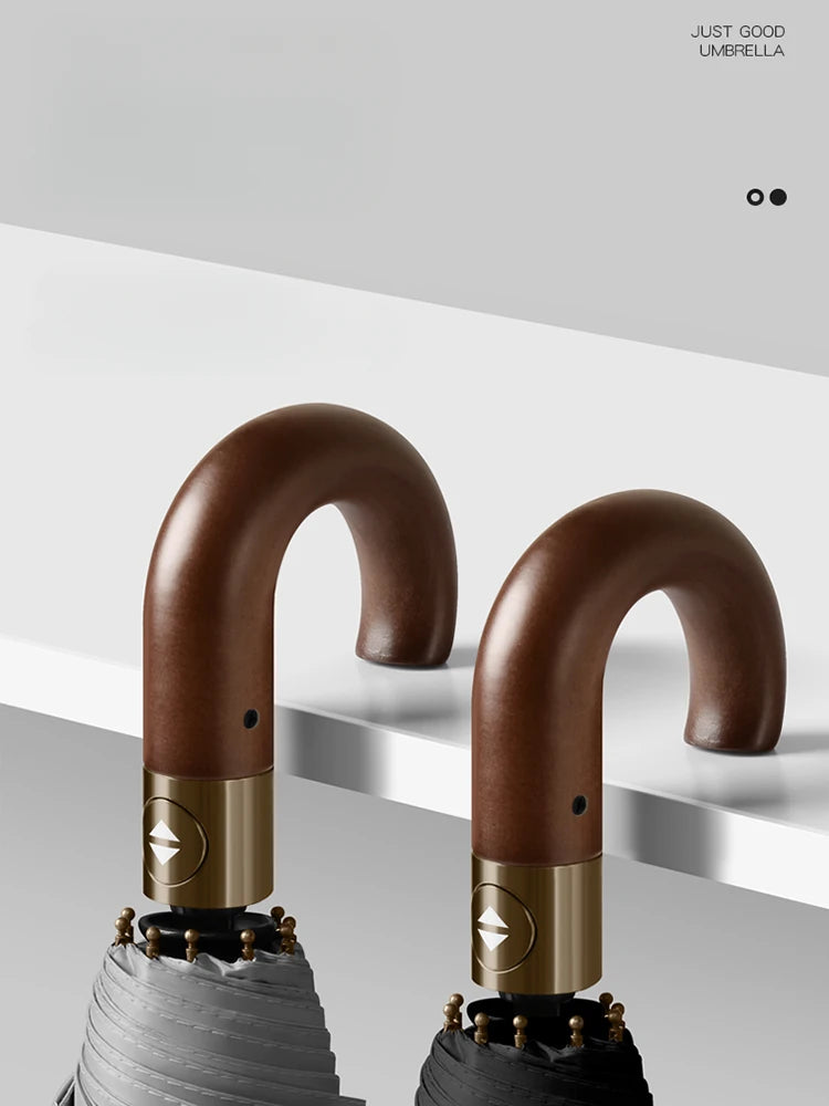 Automatic Umbrella Bent Hook Wooden Handle Umbrella Large Double Thickened Storm Resistant Umbrella Oasis Select