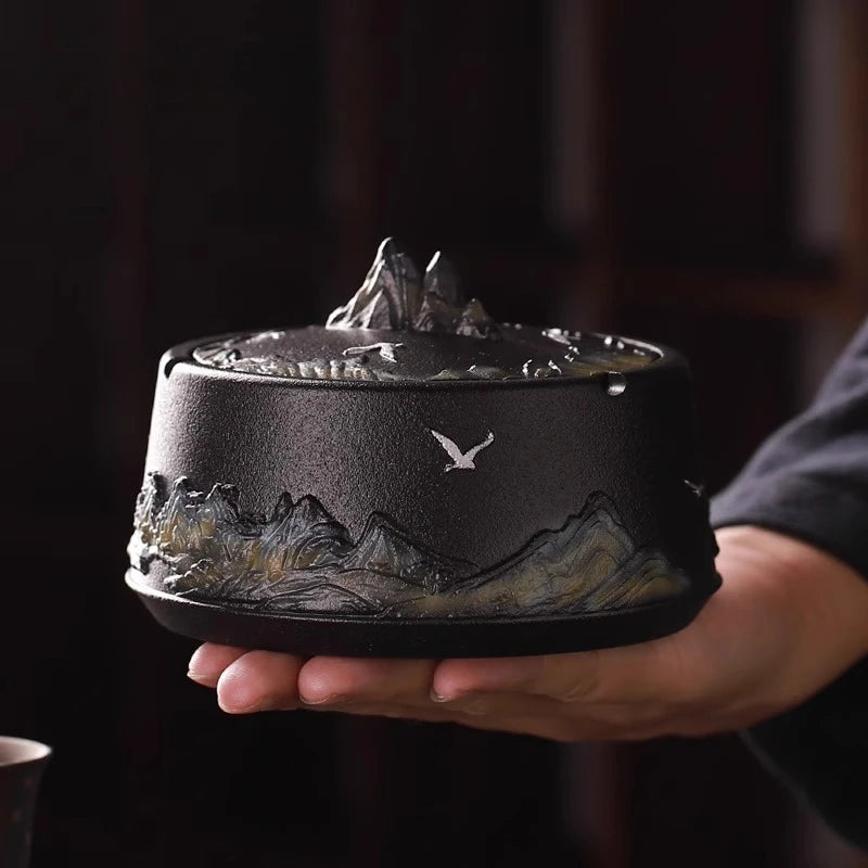 Chinese Style Relief Mountain Ashtray High-end Atmospheric Upscale Home Office Large Size with Lid Windproof Ashtray Oasis Select