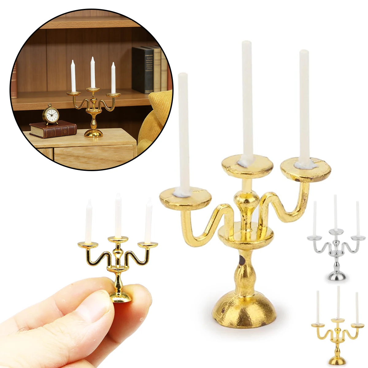 1/2 PCS Vintage 3-Arm Candelabra with Candles – 1:12 Miniature in Gold/Silver for Dollhouse, Fairy Garden & Micro Landscapes Oasis Select