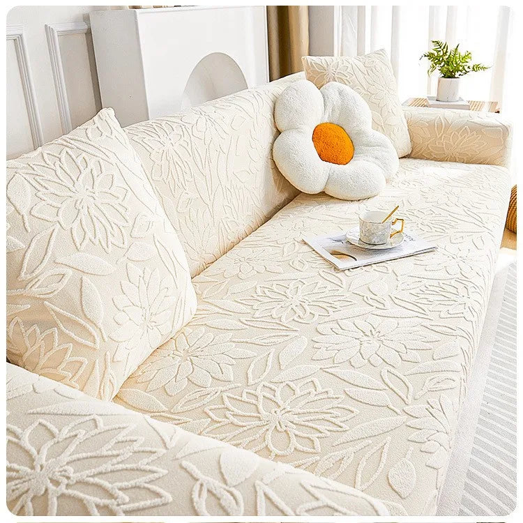 New Jacquard Velvet Elastic Sofa Cover All-season Universal Cat Scratch and Dust-proof Sofa Cover Oasis Select Cream White 5 people 305-360cm