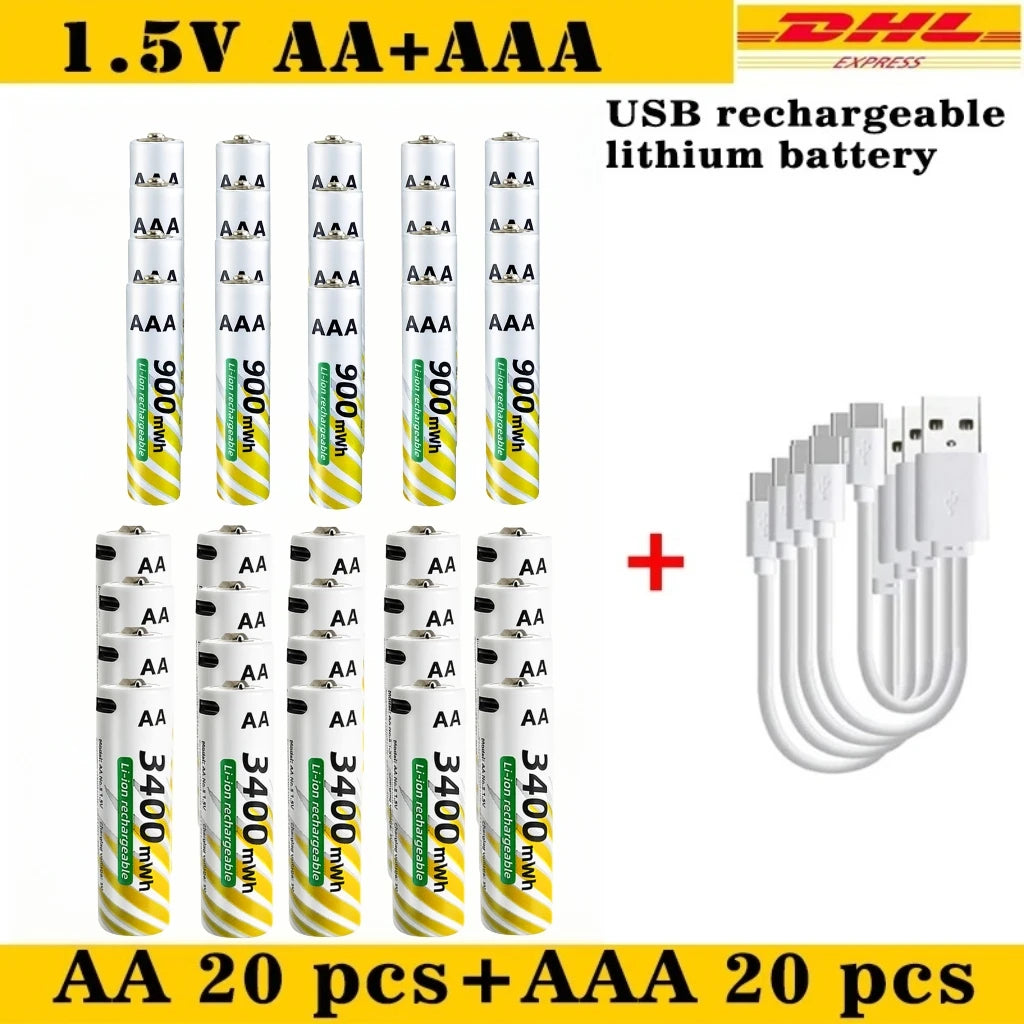 USB-C Fast Charge Lithium-ion AA and AAA Rechargeable Batteries, 3400mWh AA + 900mWh AAA Ideal for Daily Electronics & Toys Oasis Select AA 20pcs AAA 20pcs