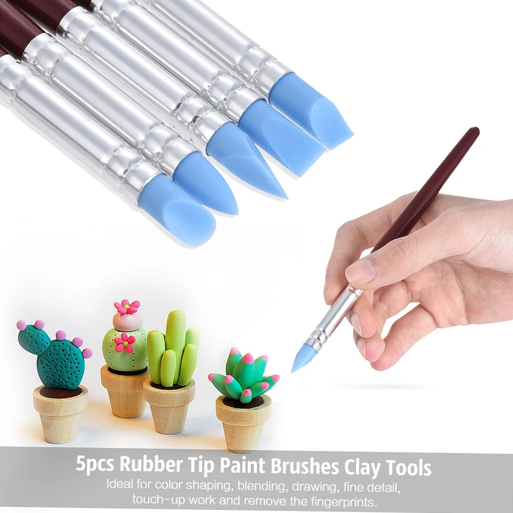 5pcs Rubber Tip Paint Brushes Clay Tools for Sculpture Pottery Color Shaping Blending Drawing Modeling Remove Fingerprints Oasis Select