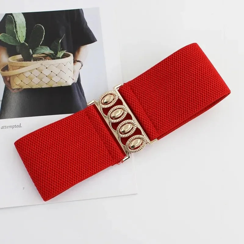 Women Belt Fashion Elastic Waist Cover Golden Buckle Elastic Waist Closure Versatile Wide Belt Paired With Dress Coat Lady Belts Oasis Select Red 85cm