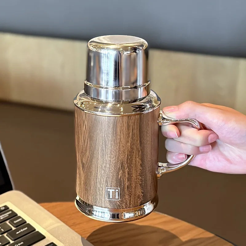 Wood Grain Insulated Water Bottle with Handle Removable Drinking Lid Portable Heat Retention Flask for Office Travel Daily Oasis Select