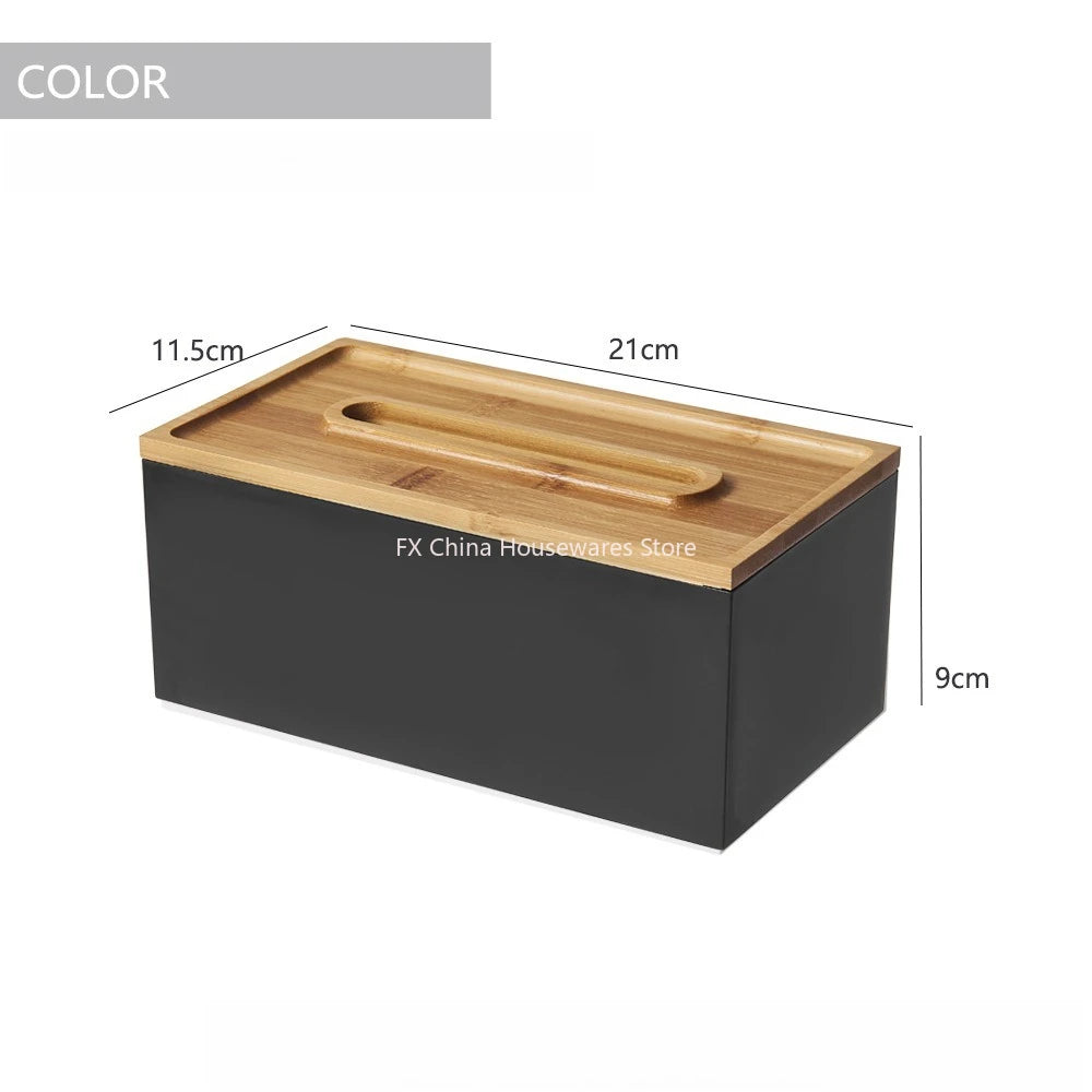 Japanese Style Bamboo Lid Tissue Box Holder - Plastic Desktop Organizer for Living Room, Bathroom, Office, Kitchen Storage Oasis Select Black