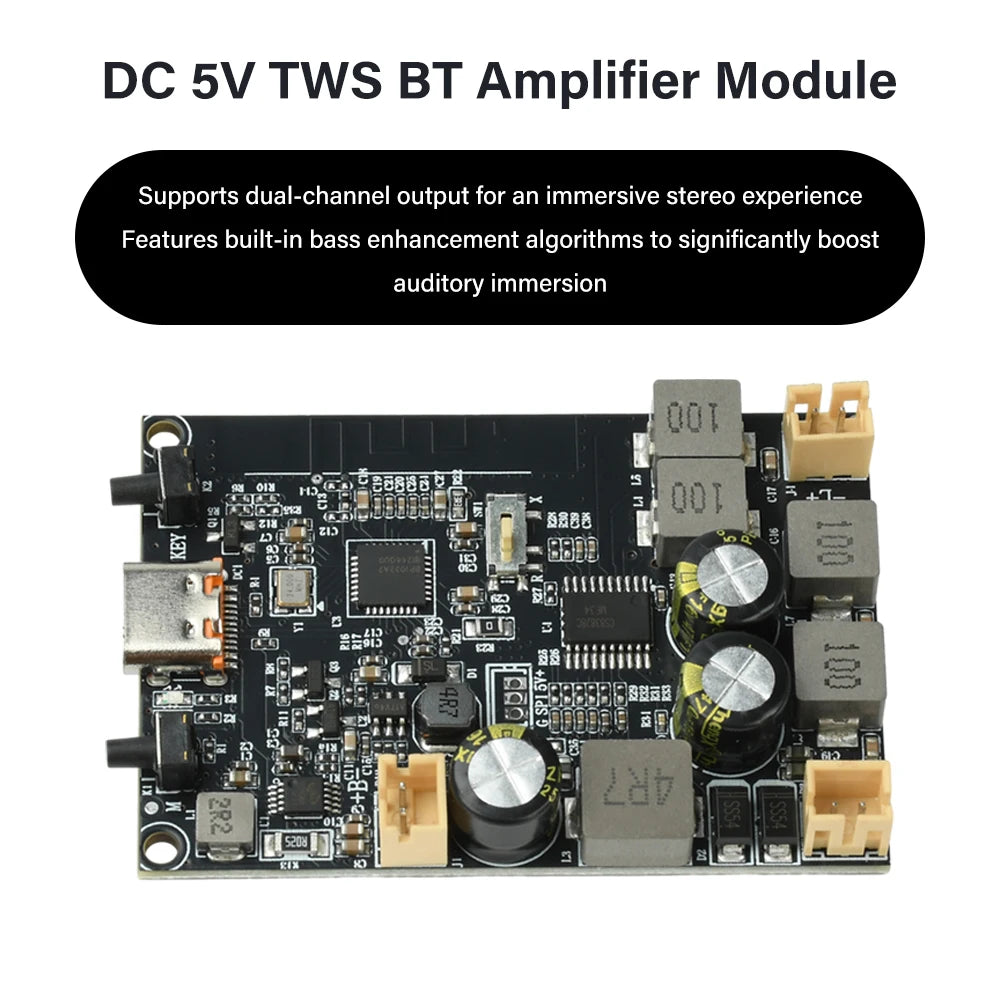 DC 5V TWS Bluetooth Amplifier Module 2X10W Dual Channel Bass Enhancement Algorithm Bluetooth Amplifier Board Type-C Interface Oasis Select