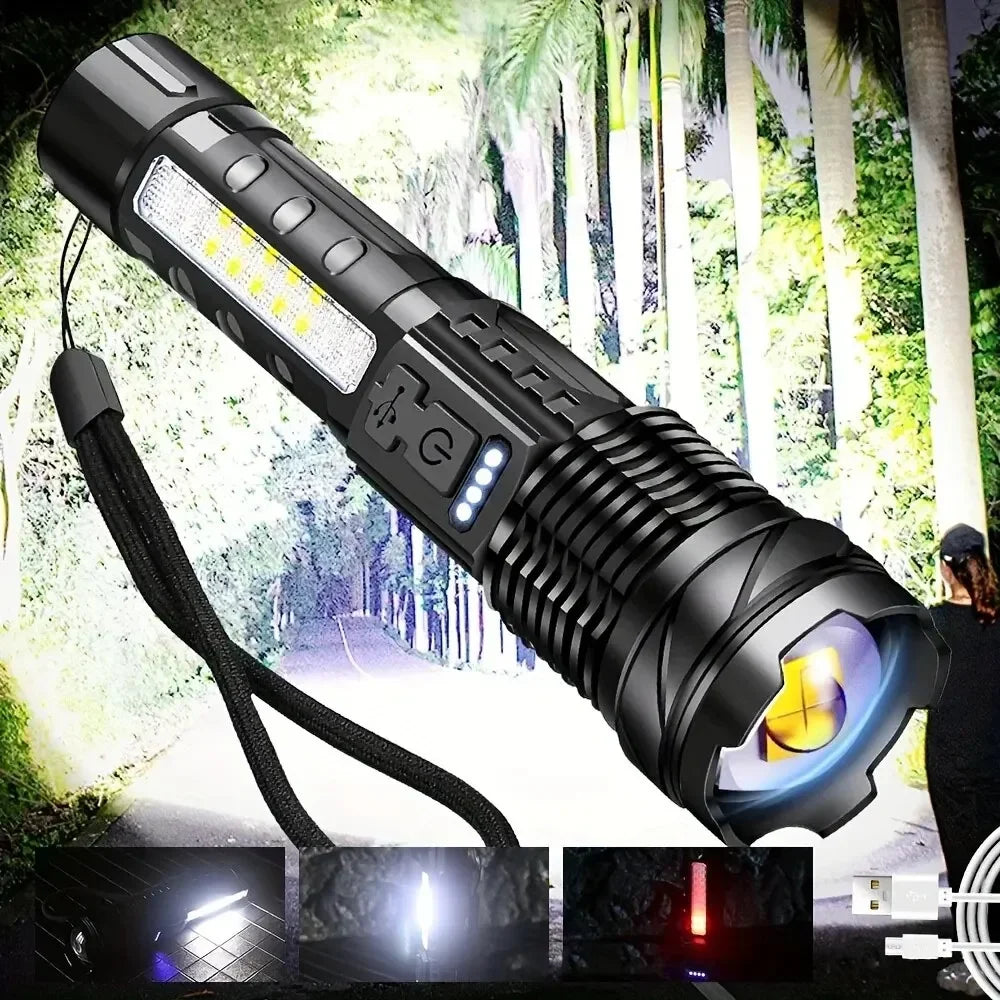 1pc Super Powerful Rechargeable Torch Flood Light With Side Light For Outdoor Camping, Fishing, Hunting, Climbing, Adventure Eme Oasis Select L A76 black 18650