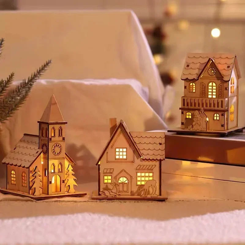 DIY Merry Christmas Decorations Mini Wooden House Luminous Cabin Christmas Tree Hanging Xmas Ornaments New Year Kids Gift Oasis Select