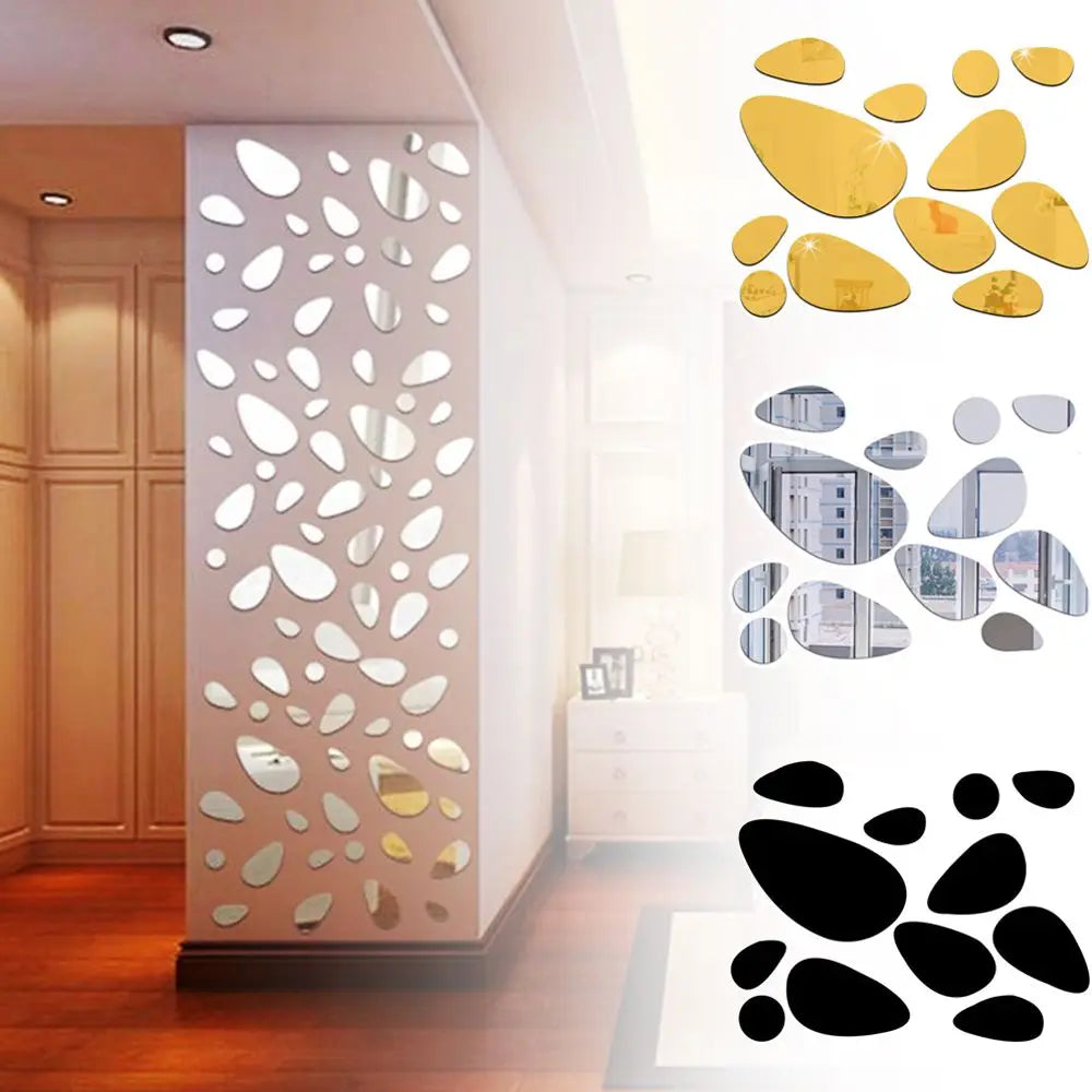 Self-adhesive Mirror Surface Wall Stickers 3D Pebble Decals Removable Vinyl Mural Art Wall Decal Living Room Ornament Oasis Select
