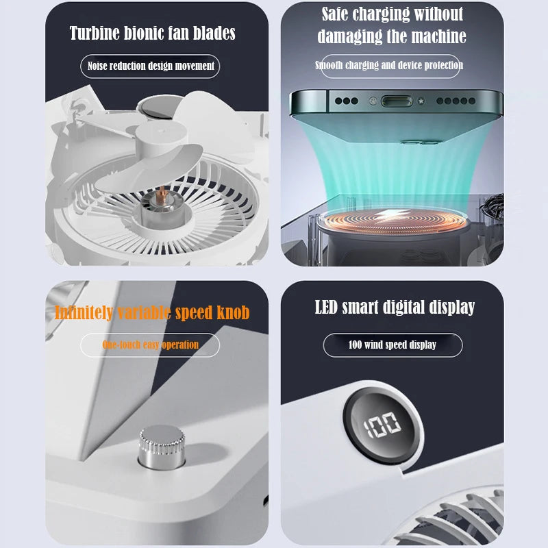 Desktop Wireless Charging Fan – 100-Speed, USB, Phone Holder