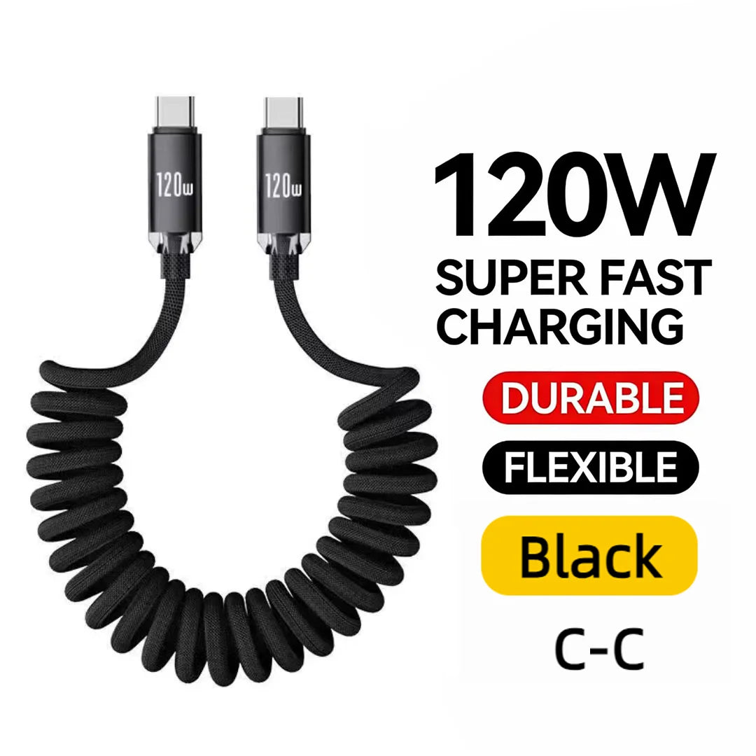 120W Spring USB Type C Cable Fast Charging For Huawei Xiaomi Mobile Phone Type C To USB C Cable For iPhone 15 16 Samsung Cable Oasis Select C to C Balck 1m