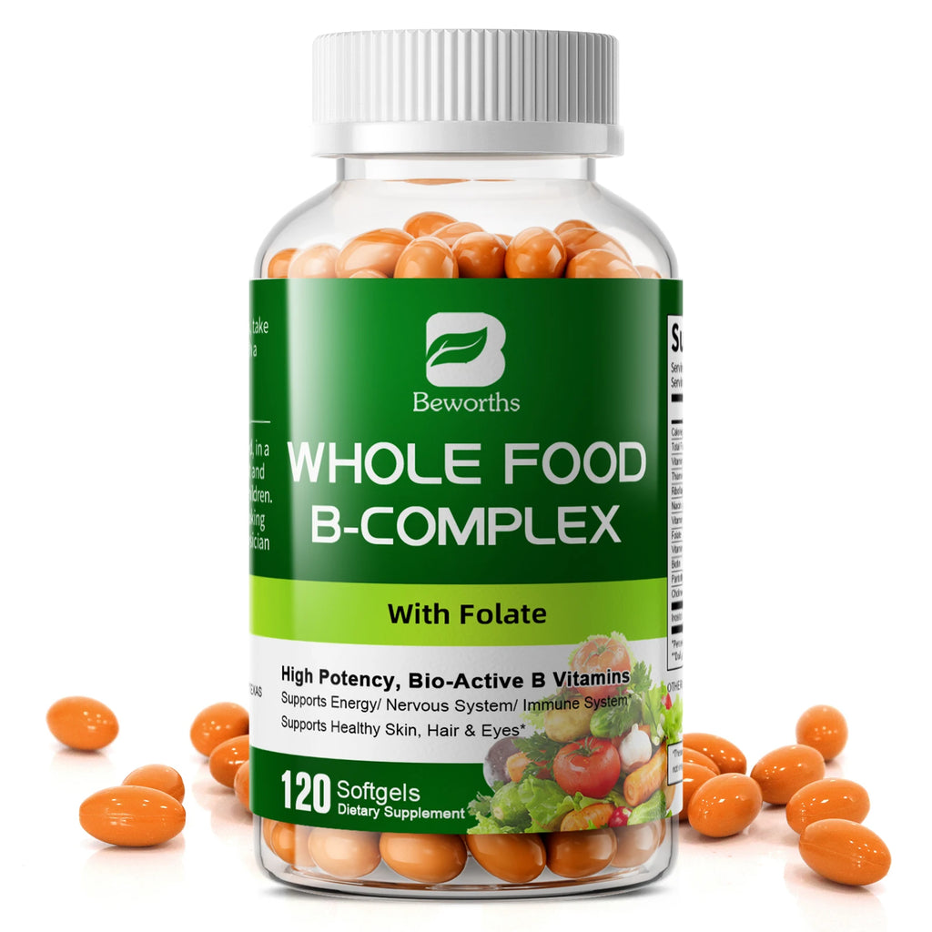 BEWORTHS Vitamin B Complex Capsules B1,B2,B3,B5,B6,B7,B12 Whole Food Supplement for Stress, Energy and Immune Support Non-GMO Oasis Select